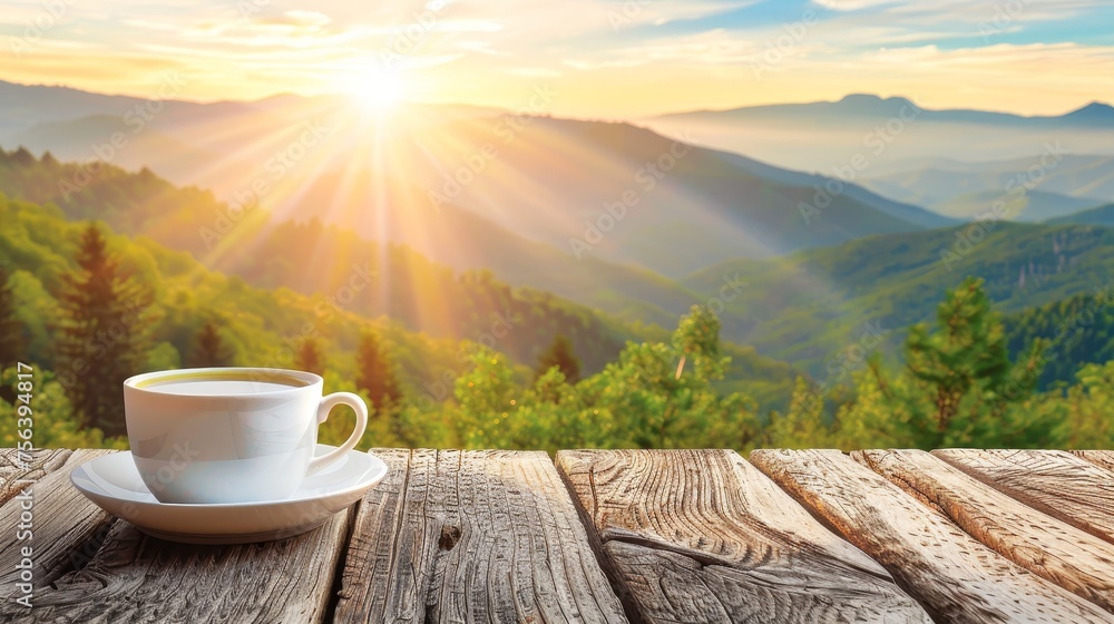 Serene green tea cup amid lush mountain plantation backdrop with ample room for text placement Serene green tea cup amid lush mountain plantation backdrop with ample room for text placement