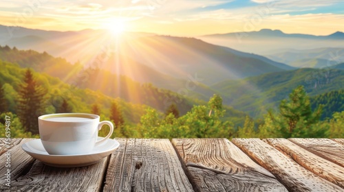 Serene green tea cup amid lush mountain plantation backdrop with ample room for text placement