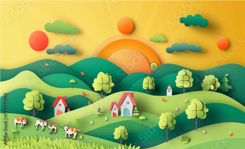 Charming Paper Art Countryside with Grazing Cows and Farmhouses