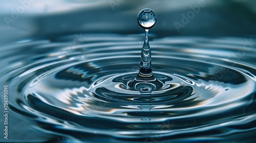 A flawless water drop generates concentric circular ripples, embodying the peaceful and hypnotic influence of an instant's contact with the water, representing cleanliness and straightforwardness.