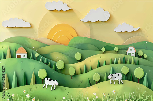 Charming Paper Art Countryside with Grazing Cows and Farmhouses