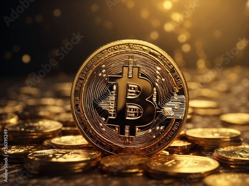Close-up of Bitcoin with soft bokeh. A close-up view of a Bitcoin coin with a soft bokeh effect coins in the background, emphasizing its value. Created with generative A.I. technology
