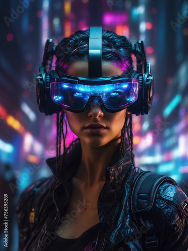 Cyberpunk style woman with VR goggles. In a neon-paced cyberpunk setting, a woman engages with virtual reality through high-tech VR goggles. Created with generative A.I. technology