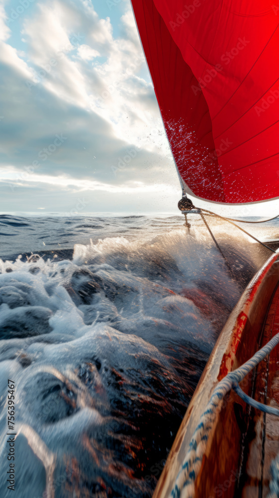 Obraz premium Red Sailing Spinnaker Against Stormy Sky
