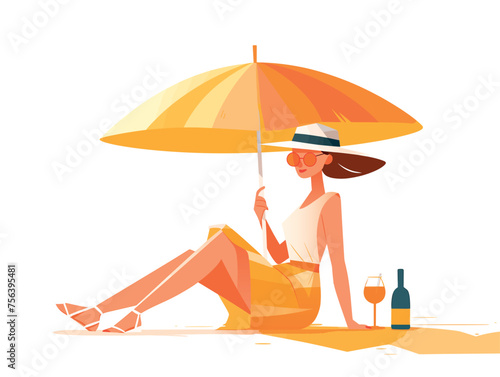 Flat vector illustration of a woman sitting on a beach with a parasol