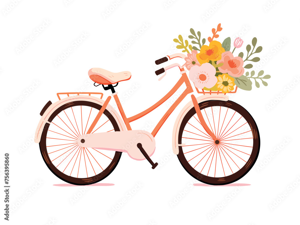 Flat vector illustration of a bicycle with a flower basket