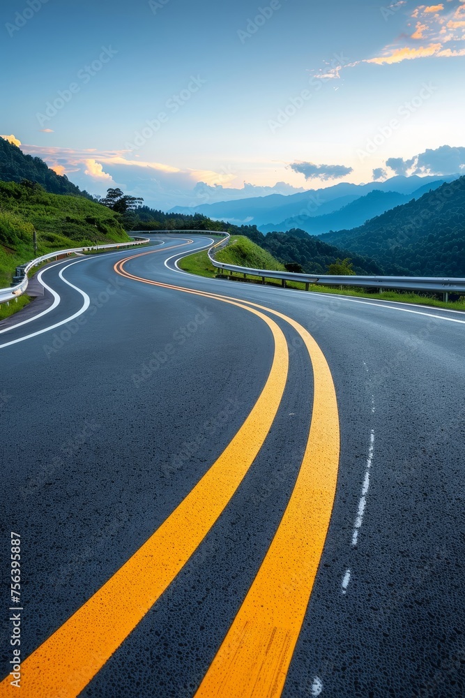 Naklejka premium Tranquil forest path serene nature landscape with trees and highway in the background