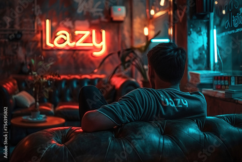 A young man rests on the couch, procrastinating, under a neon sign with the word "lazy". Concept: Laziness prevents us from doing things
