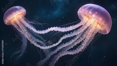 A jellyfish with tentacles adorned with miniature stars, creating a celestial and dreamlike appearance.
