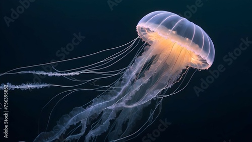 A jellyfish with tendrils that appear to be made of delicate strands of glowing thread. © Zulfi_Art