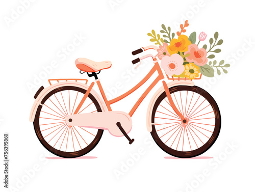 Flat vector illustration of a bicycle with a flower basket