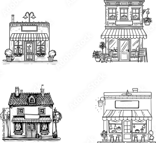 Charming Line Art of Quaint Shops and Cozy Houses Collection