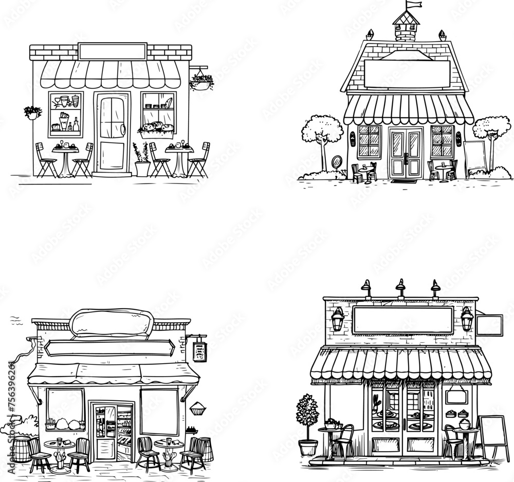Charming Line Art of Quaint Shops and Cozy Houses Collection