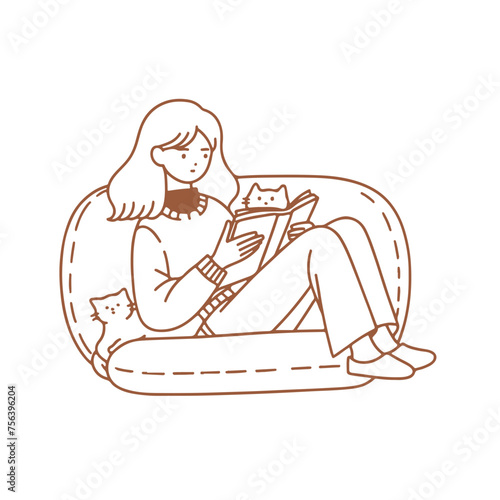 Russian girl reading book with a cat lying in sofa illustration outline, Hygge life style