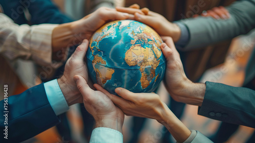 several hands of different nationalities and ages come together and hold a globe in your hands carry a symbol of support.