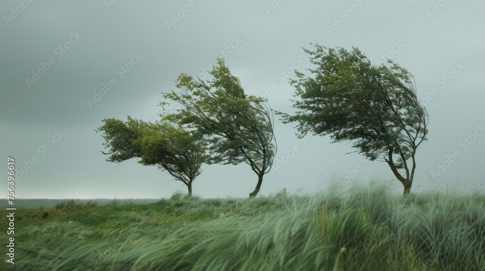 Fototapeta premium Strong wind and hurricane, trees bend under the force of the wind.