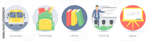 A set of 5 Education icons as school bus, school bag, library
