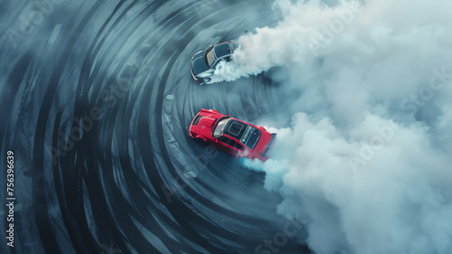 Aerial thrill as two sports cars drift in synchrony, shrouded in tire smoke.