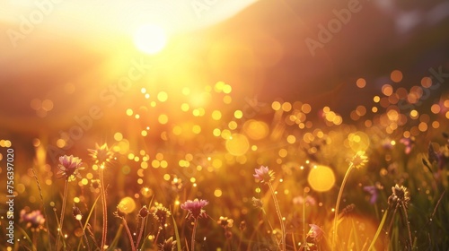 A stunning sunrise illuminates a mountain meadow  with the sun s rays and golden bokeh breathing life into the landscape  offering a moment of serene beauty and a refreshing start to the day.