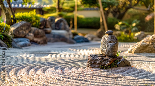 Serene zen garden at sunset