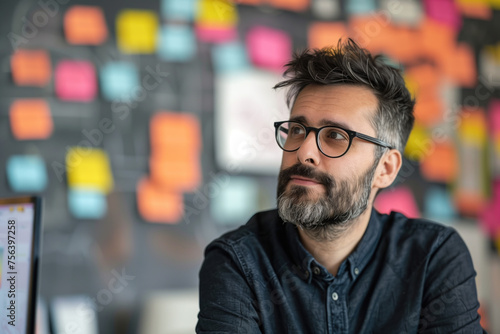 Portrait of a man in glasses in front of a wall covered with colored post-it notes. A slide background for showcasing the brainstorming process. Created with Generative AI technology.