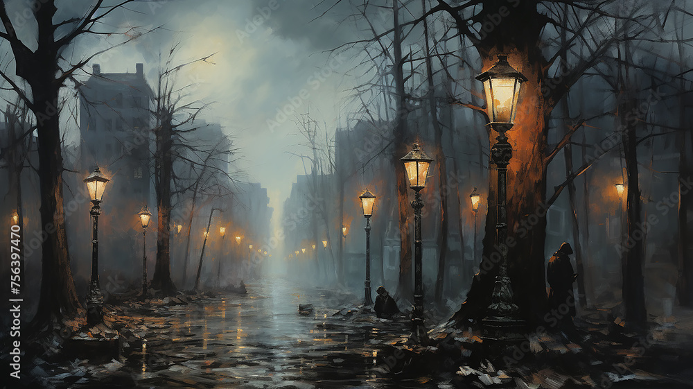 generated art landscape with street lights in the night autumn fog, fabulous picture silence mystery mist - obrazy, fototapety, plakaty 
