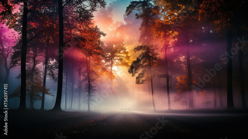 landscape in a fabulous forest, rainbow spectrum of colorful autumn trees in unusual neon lighting, fog background autumn fantasy photo