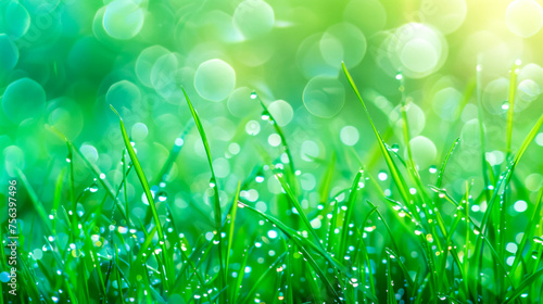 Fresh dew glistens on vibrant green grass under soft morning light