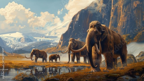 Ancient extinct animals walk around during Ice Age. Family of woolly mammoths, flock of prehistoric elephants migrating. Herd of Jurassic mammals. Beautiful snowy mountains background. Wild nature.