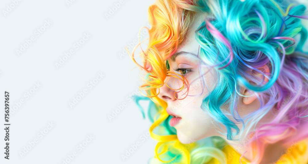 Trendy looking girl with a rainbow coloured curly wig, copy space.