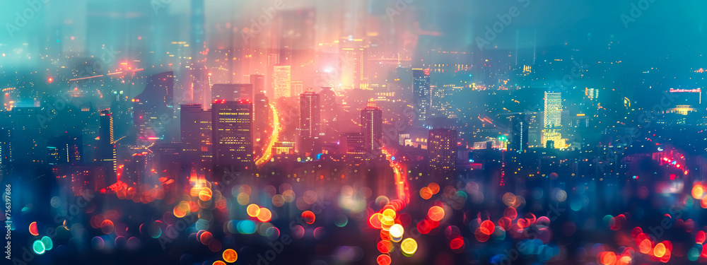 Vibrant city lights panorama at night