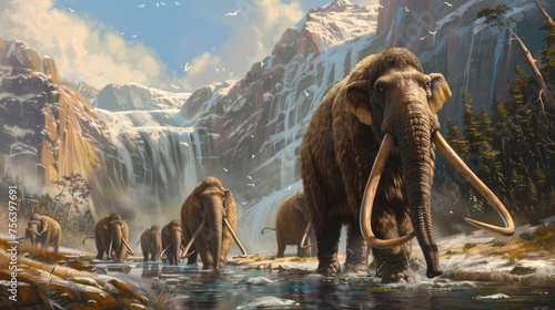 Ancient extinct animals walk around during Ice Age. Family of woolly mammoths, flock of prehistoric elephants migrating. Herd of Jurassic mammals. Beautiful snowy mountains background. Wild nature. photo