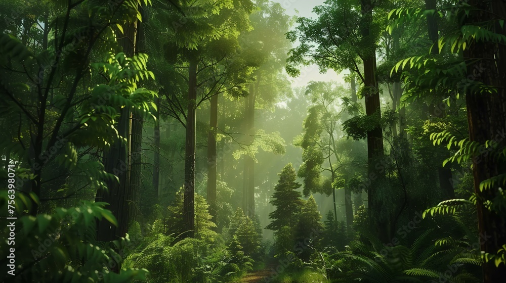 Green leaves with sunbeams and lens flare in the forest. Green leaves with sunbeams and lens flare in the forest.