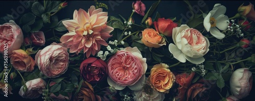 A vintage-styled floral arrangement set against a dark backdrop, creating a baroque-inspired natural pattern that serves as a lavish floral wallpaper or a greeting card.