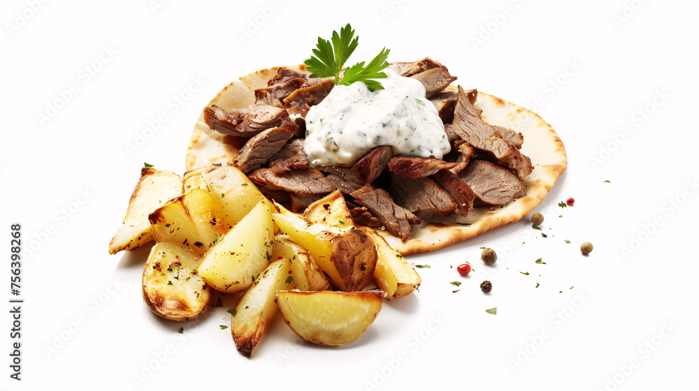 an artisan jucy fast food gyros with sauce, surrounded by golden and french fries on a white background an artisan jucy fast food gyros with sauce, surrounded by golden and french fries on a white background