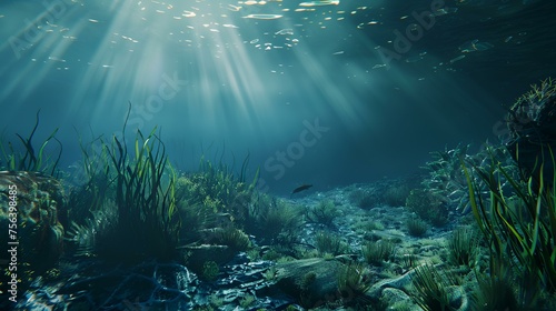 Underwater shot of coral reef with fish and rays of sunlight.