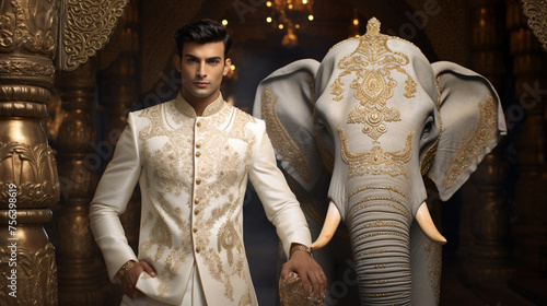 Male model in a white sherwani festooned with mirror-work, standing beside an elaborately adorned elephant.