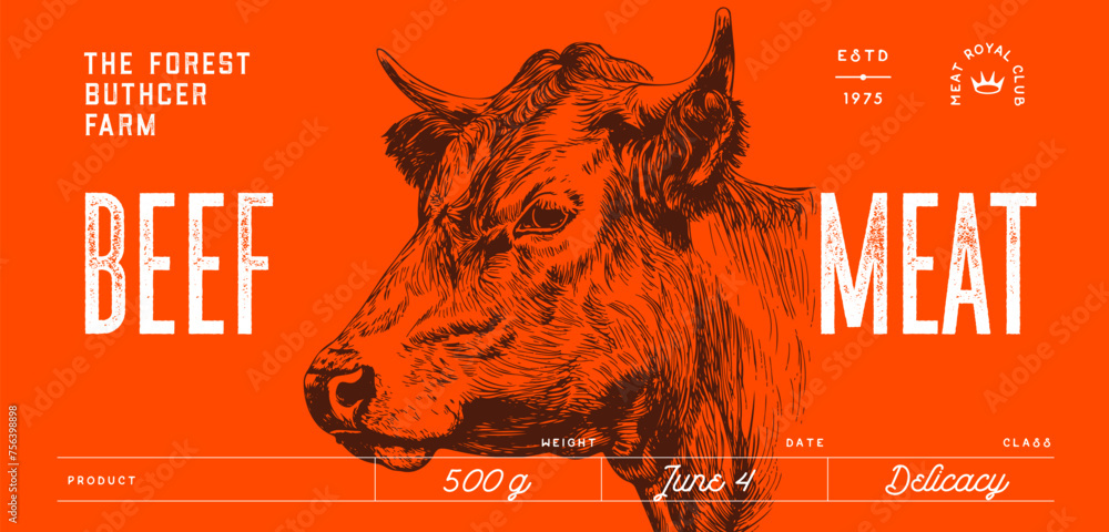 Cow, bull, beef head, meat tag label. Template Meat Tag Label. Vintage print, tag, label pig sketch ink pencil drawing. Butchery cow, bull, beef head meat shop, text, typography. Vector Illustration - obrazy, fototapety, plakaty 