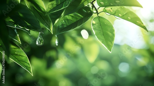 Green leaves with drop of water in morning light. Nature background.