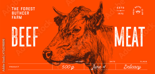 Cow, bull, beef head, meat tag label. Template Meat Tag Label. Vintage print, tag, label pig sketch ink pencil drawing. Butchery cow, bull, beef head meat shop, text, typography. Vector Illustration