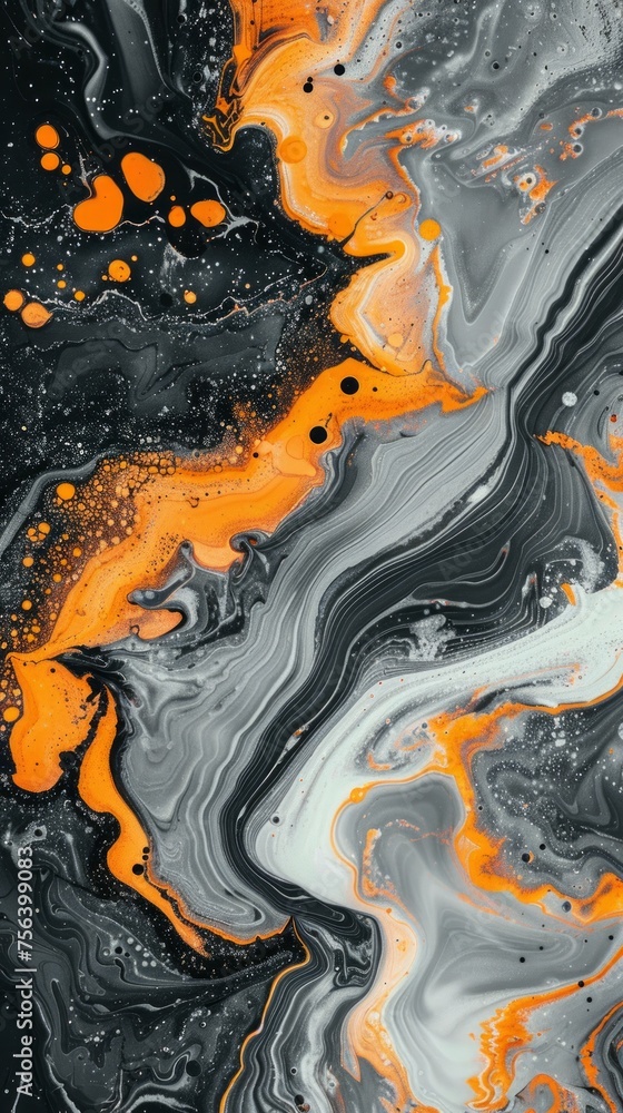 Abstract Marble Waves Acrylic Background. Gray Orange Marbling Texture. Agate Ripple Pattern.