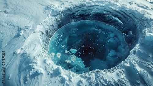 Aerial View of a Deep Blue Ice Hole in Antarctica, To convey the beauty and mystery of the polar regions while highlighting the effects of climate