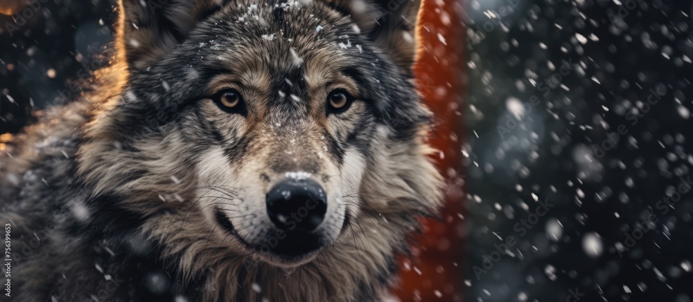 close up wolf with snowfall background close up wolf with snowfall background