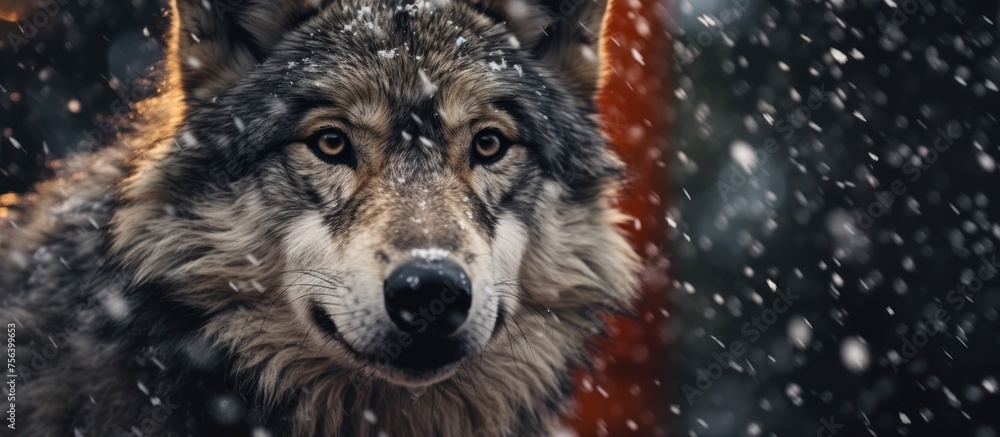 close up wolf with snowfall background