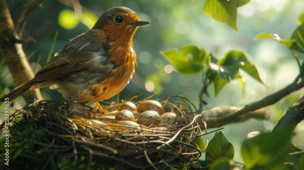 A bird is sitting on a nest with eggs in it A bird is sitting on a nest with eggs in it
