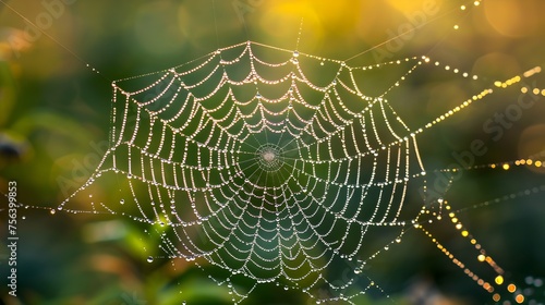 Dew-Covered Spider Web at Sunrise, To showcase the beauty and intricacy of a common natural scene, with a focus on the close-up details and textures