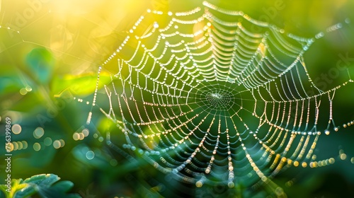 Dew-Covered Spider Web in Early Morning Light, To showcase the intricate details and beauty of a spider web covered in dew, emphasizing the delicate