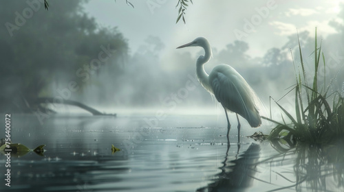 A white bird stands in the water, looking out over the lake © jr-art