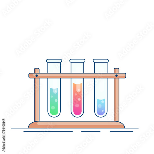 Glass chemical tubes with reagent in a rack. Modern flat design for chemistry, biotechnology, biology

