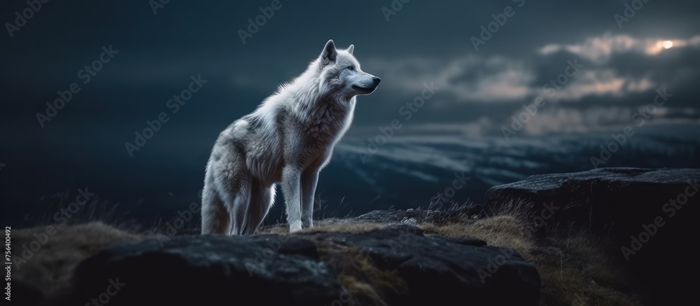 Fototapeta premium white wolf howl on a rock at night in forest background